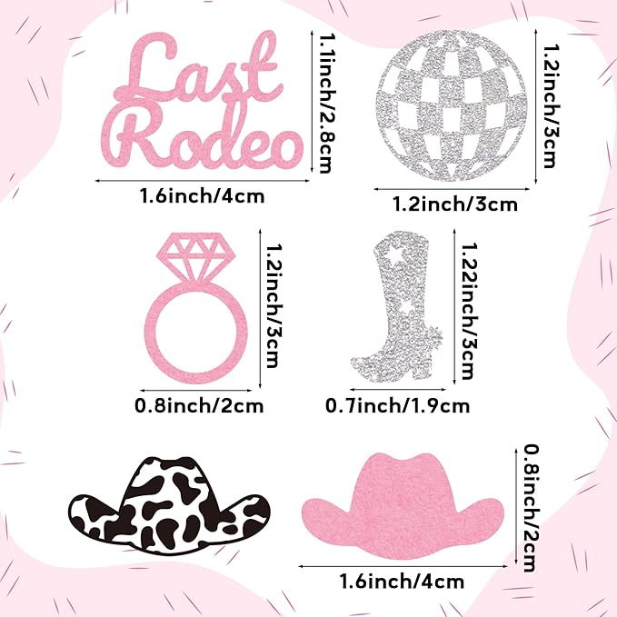 BeYumi Cowgirl Bachelorette Table Decor - 300Pcs Western Cowgirl Table Confetti Decoration Pink Glitter Last Rodeo Disco Ball Ring Boot Cowboy Hat Paper Confetti Decor for Birthday Engagement Party