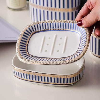 Self Draining Soap Dish, Double-Layer Bar Soap Tray, White Ceramic Soap Dish with Elegant Patterns (Style A)
