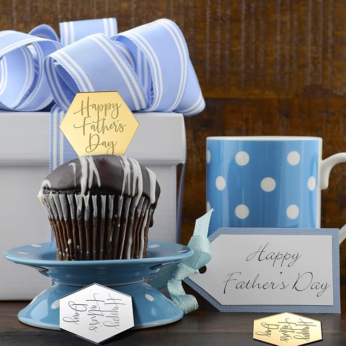 24 Pieces Happy Father's Day Cupcake Toppers Acrylic Cake Mirror Disc Cake Toppers Decorations Mini Glitter Engraved Discs for Birthday Party Dads Day Gifts(Hexagon)