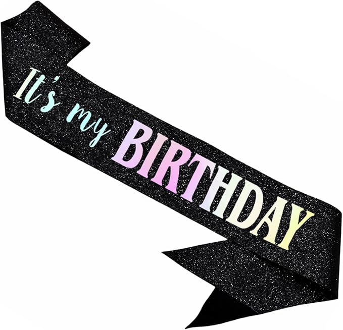 It's My Birthday Sash, Dazzle Foil Letter Glitter Black Birthday Sash for Women Men Girl Boy Kids Teenager Funny Bday Gifts Party Favors Photo Prop