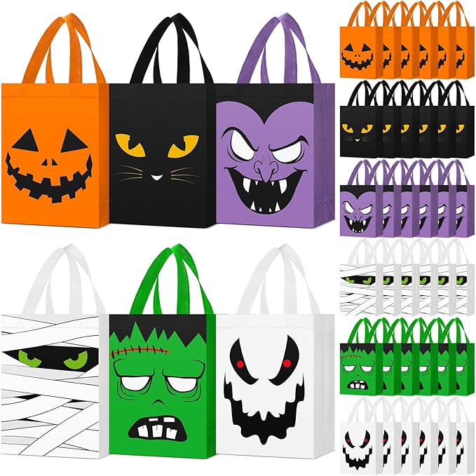 Locmeo 24 Pcs Large Halloween Candy Bags Reusable Non Woven Halloween Favor Bags Cat Ghost Vampire Zombie Pumpkin Tote Bag with Handles Bulk for Kids Birthday Party