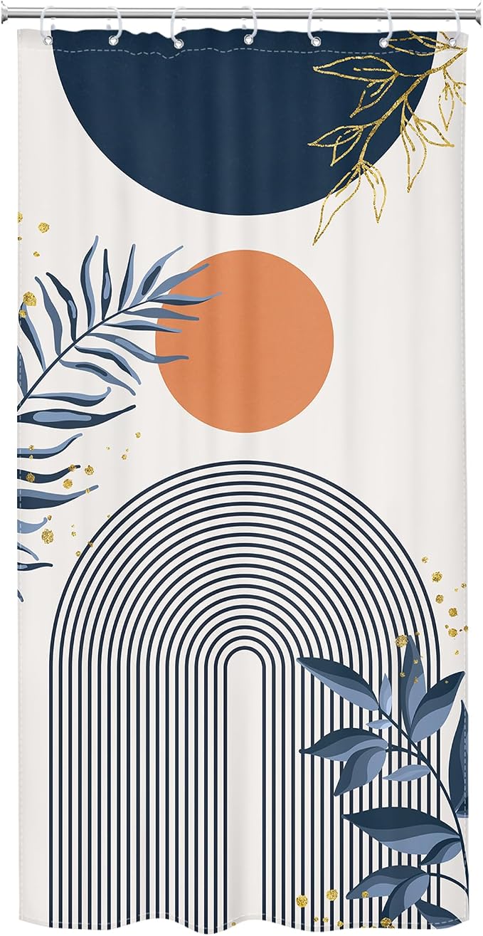 Small Stall Boho Shower Curtain 36Wx72H Navy Blue Modern Bohemian Mid Century Gold Leaves Orange Minimalist Geometric Bathroom Decor Half Narrow Bath Curtain Fabric Polyester 7 Pack Hooks