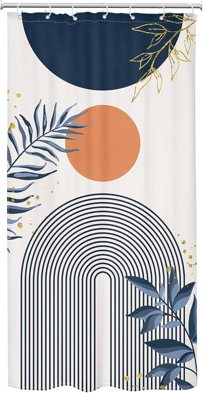 Small Stall Boho Shower Curtain 36Wx72H Navy Blue Modern Bohemian Mid Century Gold Leaves Orange Minimalist Geometric Bathroom Decor Half Narrow Bath Curtain Fabric Polyester 7 Pack Hooks