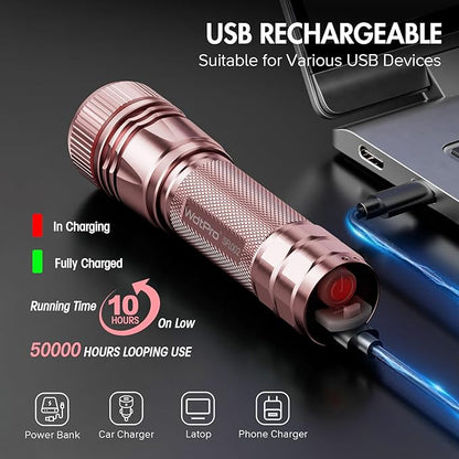 WdtPro Rechargeable Flashlights High Lumens, 1 Pack 10H Long Lasting Super Bright EDC Flashlights, LED Mini Tactical Flash Lights for Camping Emergency, Drop & Water Resistant Pink(Battery Included)