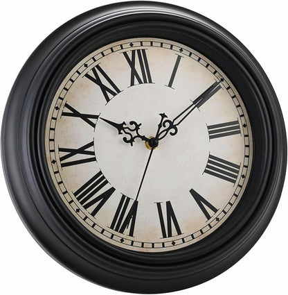Plumeet Retro Wall Clock, 12'' Non Ticking Classic Silent Vintage Wall Clocks Decorative Kitchen Living Room Bedroom, Roman Numerals, Battery Operated, Black