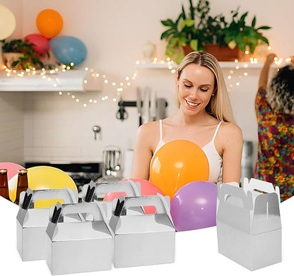 XAGLVV 24 Pack Silver Paper Gable Boxes with Handles, Treat Goodie Party Favor Gift Box for Wedding, Birthday, Baby Shower, Graduation
