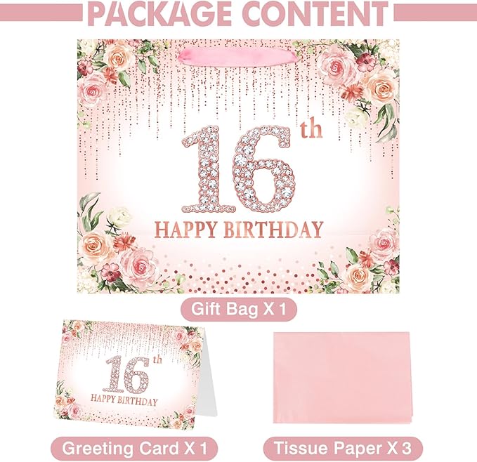 Laidans Sweet 16th Happy Birthday Gift Bag with Tissue Paper and Card for Girls Kids Birthday Party (Rose Gold) (16th)