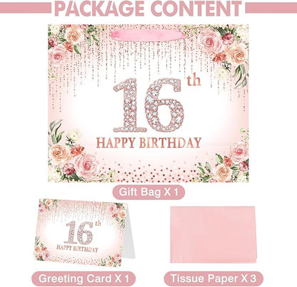 Laidans Sweet 16th Happy Birthday Gift Bag with Tissue Paper and Card for Girls Kids Birthday Party (Rose Gold) (16th)