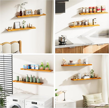 Solid Wood Live Edge Floating Shelves Set of 2 – 36" Rustic Wall Shelf with Hidden Bracket System, Wall Mounted Shelves for Bathroom, Kitchen, Living Room, Bedroom (Honey Walnut)