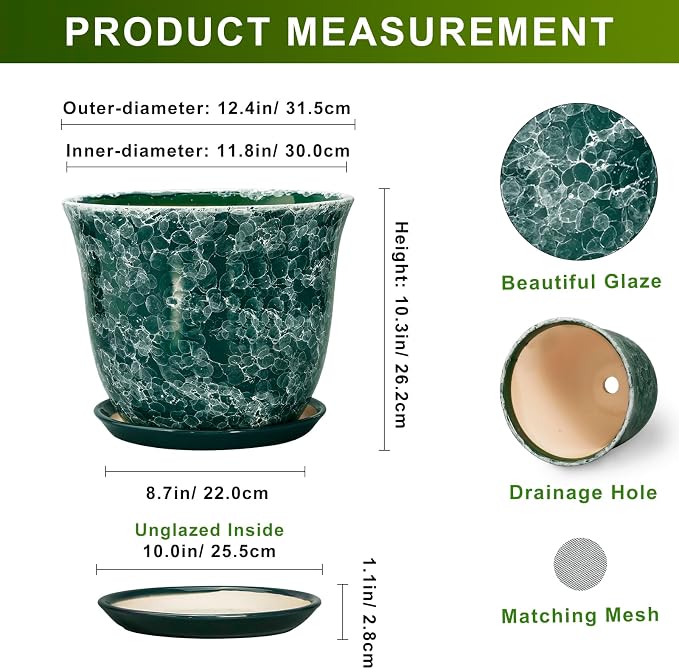 Ceramic Planter - 12 Inch Pots for Plants with Drainage Hole and Saucer, Round Planter for Indoor Outdoor, Large Plant Pot, Modern Planters, Garden Patio Decor, House Warming Gifts, Green