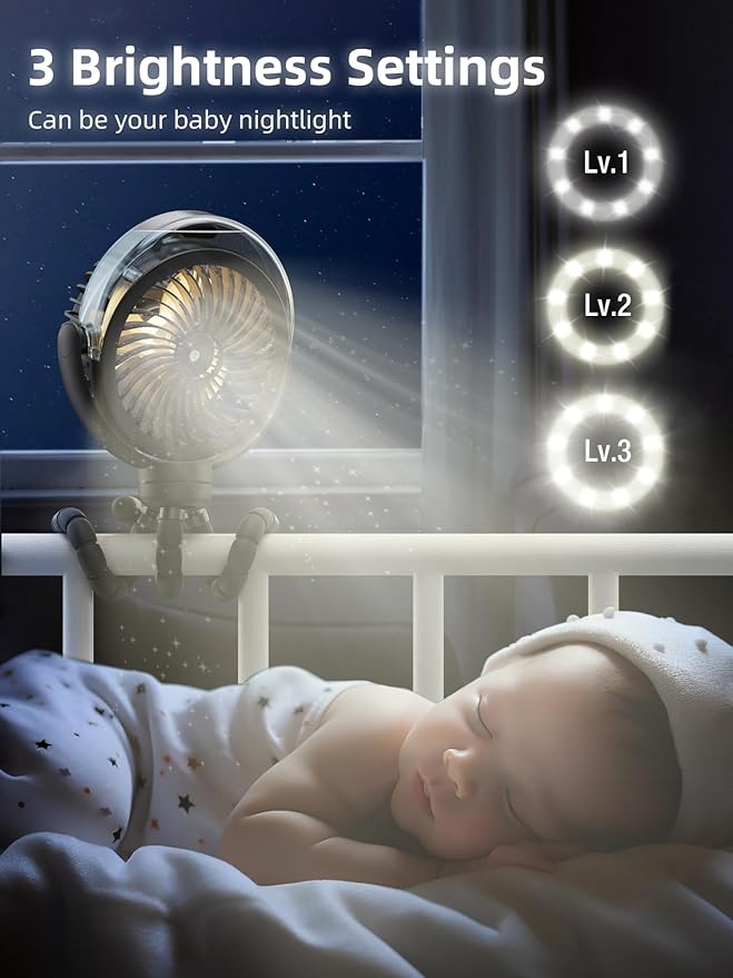 Misting Stroller Fan, 6000mAh Battery Operated Portable Fan with Light & 360° Pivoting, Personal Fans with Flexible Tripod for Baby, Office, Travel,Treadmill,Outdoors