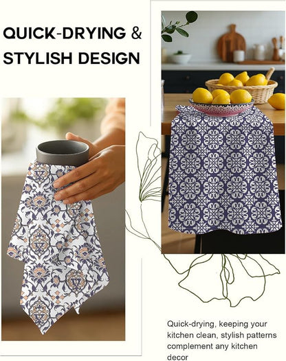 Miss Adola 2 Pack Flour Sack Kitchen Towels - 16x26 Inch Cotton Dish Towels with Hanging Loop Reusable Geometric Boho Modern Retro Tea Towel Absorbent Dishcloths Home Decor, Blue Boho Style
