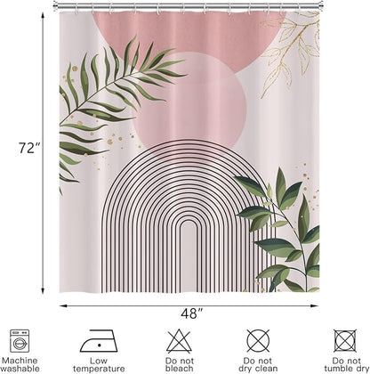 Boho Mid Century Shower Curtain, Pink Modern Minimalist Abstract Geometric Green Gold Plant Leaves Sun Arch Bathroom Curtains Waterproof Fabric Buthtub Curtain Set with Hooks 48" Wx72 L