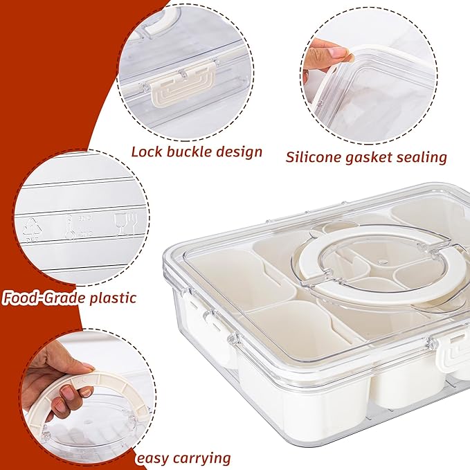 Divided Serving Tray with Lid and Handle - Divided Snack Tray for Portable Snack Platters - Clear Organizer for Candy, Fruits, Nuts, Snacks - Perfect for Party, Entertaining，2 pcs