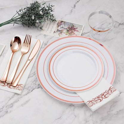 BESTVIP 350PCS Rose Gold Disposable Dinnerware Set for 50 Guests, Plastic Plates for Party, Wedding, Christmas, Halloween, Include: 100 Plastic Plates, 50 Silver Silverware, 50 Cups, 50 Napkins
