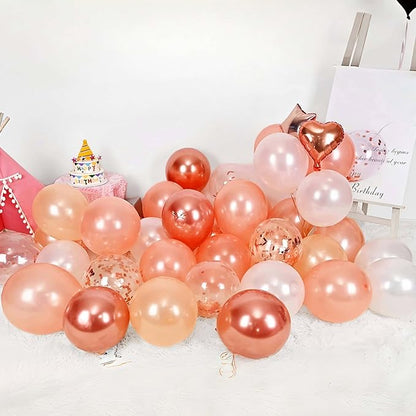 Rose Gold Balloons Birthday Decorations, Pearl Rose Gold Confetti Birthday Balloon for Women, Pentagram Heart Balloon for Glitter Happy Anniversary Balloons Wedding Bridal Shower
