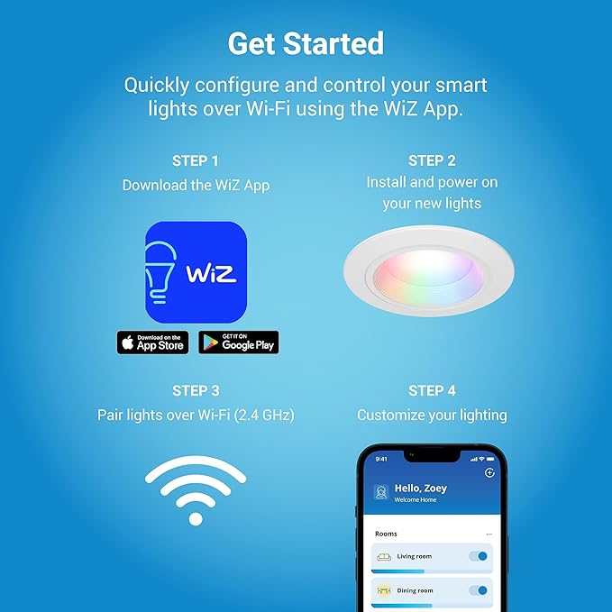 HALO 4 inch Smart Wi-Fi Recessed Canless LED Downlight 4-Pack, Connected by WiZ Pro with SpaceSense Motion Detection, Tunable White, 16M+ Colors WiZ App Control, Wet Rated, Dimmable - RLWZC409-4PK