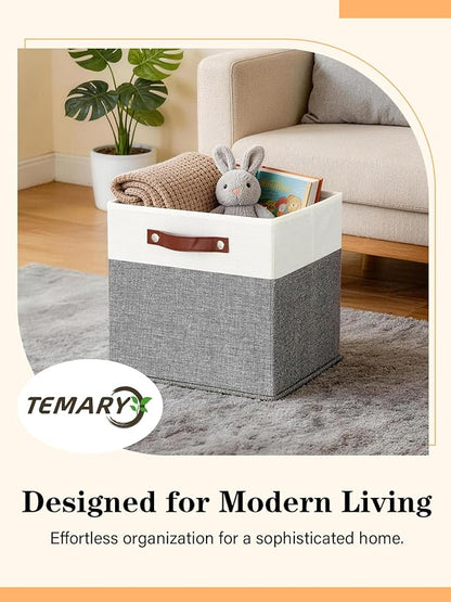Temary 13 Inch Cube Storage Bins 4 Pack, Perfect Fit for Standard Cube Organizers, Sturdy Collapsible Storage Organizer Bins with PU Leather Handles for Closet, Nursery, and Office-White&Grey