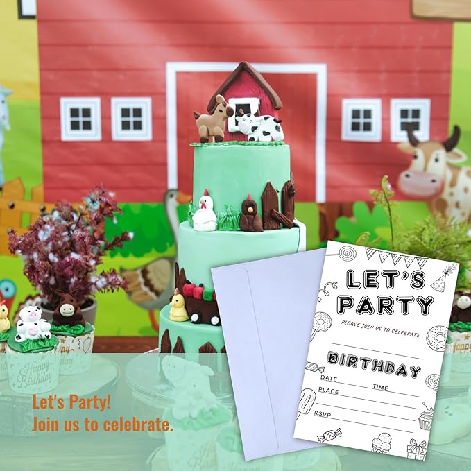 Let's Party Candyland Birthday Invitations for Girls Boys Teens Kids - Dessert, Hand Drawn Minimalism, Black and White, Candy Balloon Streamer - 25 Pcs 4x6 Inch with Envelopes (Black Pattern)