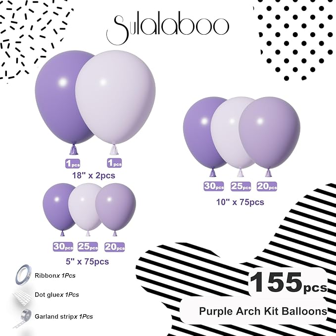 Purple Balloons Arch Kit 155Pcs Different Sizes of 18 10 5 Inch Latex Lavender Light Purple Balloon Garland for Birthday Anniversary Wedding Party Decorations