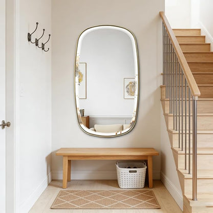 POZINO Beveled Bathroom Mirror, 40"x24" Oblong Vanity Mirrors with Stainless Steel Frame, Brushed Gold Rectangle Wall Mirror for Entryway Bedroom Hallway Living Room, Hangs Vertically or Horizontally