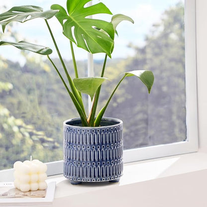 STHIE 5 Inch Ceramic Planters for Indoor Plants, Blue Cactus Snake Plant Pots with Drainage, Unique Design Round Flower Pot for Home Decoration