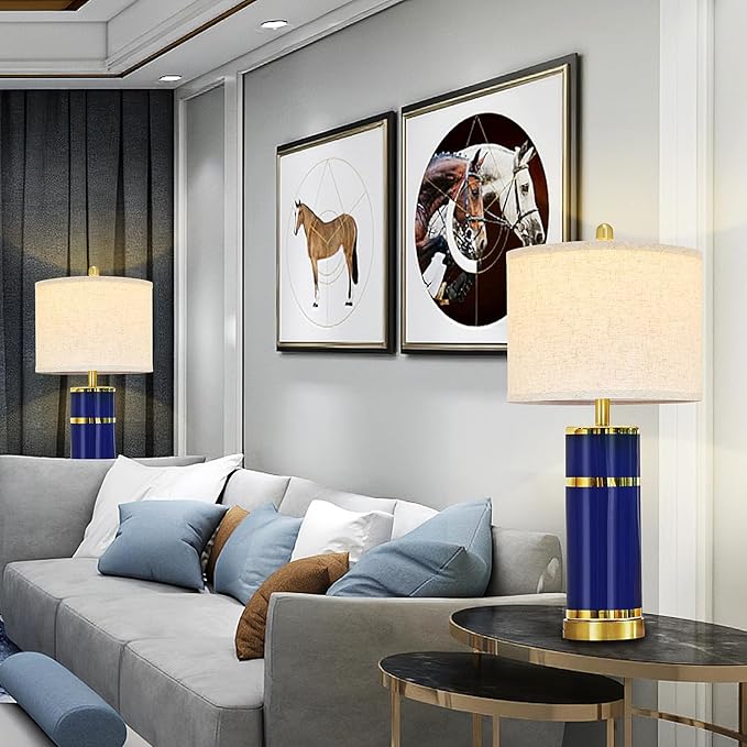 Royal Blue & Gold Ceramic Table Lamps (Set of 2) - 28" Luxe Bedside Lights with USB Charging & Rotary Switch, Bulbs Included