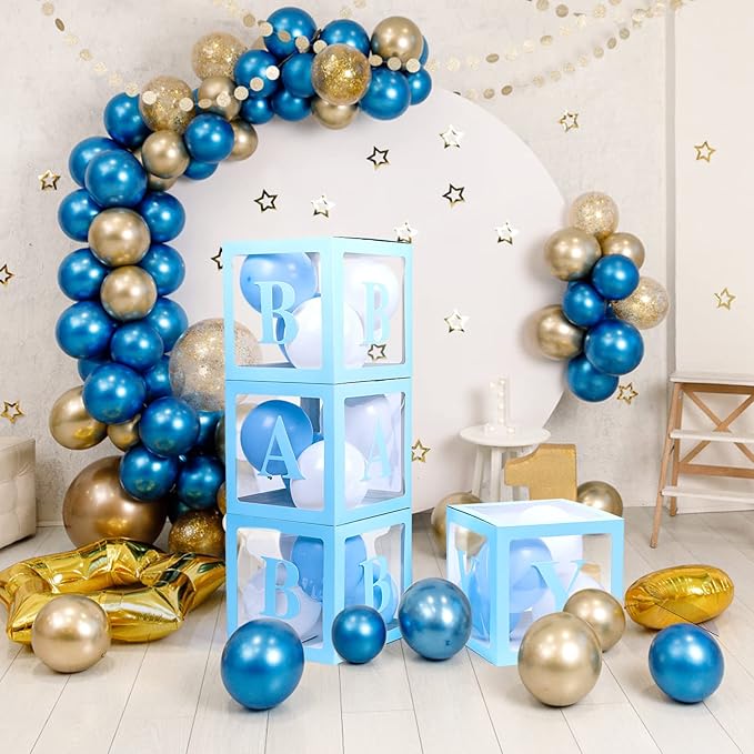 Voircoloria Baby Boxes with 42pcs Letters for Baby Shower Transparent Balloon Boxes Clear Balloon Box Blocks for Boy Girl Gender Reveal Party and Birthday Party (Blue)