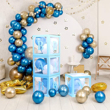 Voircoloria Baby Boxes with 42pcs Letters for Baby Shower Transparent Balloon Boxes Clear Balloon Box Blocks for Boy Girl Gender Reveal Party and Birthday Party (Blue)