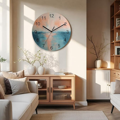 Oil Painting Style Wall Clock Battery Operated Non-Ticking 10" Round Wood Clocks, Abstract Yellow Blue Ocean Sunset Kitchen Wall Clock for School Bathroom Living Room Home Office Wall Decor