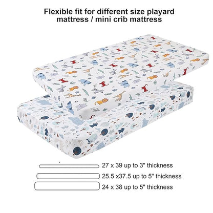 Onacosht Pack and Play Sheets 3 Pack for Baby Boy, Stretchy Jersey Knitted Portable Mini Crib Sheets Playard Mattress Cover, Woodland Animal Elephant Fox Lion Bear Giraffe Zebra Printing