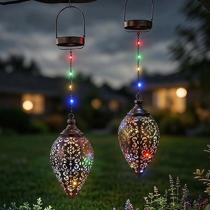 2 Pack Hanging Solar Lanterns, Colorful LED Outdoor Lights, Retro Metal Waterproof Lanterns for Garden Patio Yard Decor