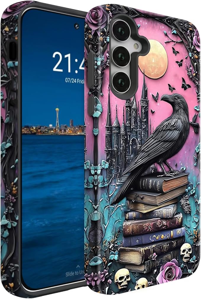Compatible for Samsung Galaxy S25 Plus 5G Case, Dual Layer Heavy Duty 2 in 1 Shockproof Protective Phone Case,Black Raven Bird Rose Book Skulls