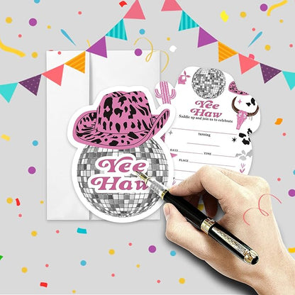 AEHIE 20 Sets Yeehaw Western Girl Birthday Party Shaped Fill-In Invitations With Envelopes,Hot Pink Disco Ball Party Invitation Invite Cards for Girls,Western Birthday Party Invites