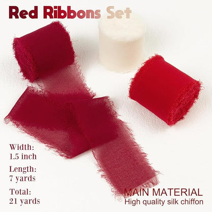 Red Chiffon Ribbon 1.5 Inch x 21Yds Handmade Fringe Chiffon Silk Ribbon Burgundy/Cream/Red Frayed Chiffon Ribbon for Wedding Invitation Flower Bouquets Bridal Shower Gift Wrapping