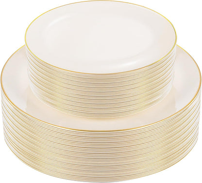 PULOTE 60 PCS Ivory Plastic Plates - Cream Plastic Disposable Include 30 Dinner and 30 Dessert Plates with Gold Rim - Ideal for Party & Wedding