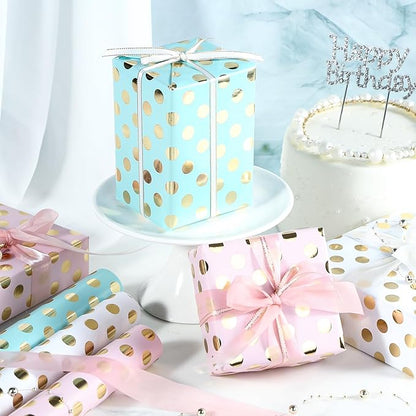 WRAPAHOLIC Birthday Wrapping Paper Roll - Mini Roll - 3 Rolls - 17 inch x 120 inch Per roll - Gold Foil Pink White Mint Polka Dots Design for Party, Holiday, Baby Shower
