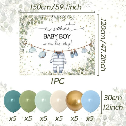 Greenery Baby Shower Decorations Boy A Sweet Baby Boy is On The Way Backdrop for Boy Birthday Party Decor Sage Green Balloons Oh Boy Baby Shower