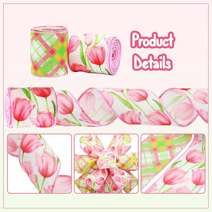 2 Rolls Pink Tulip Wired Ribbon - 2.5 Inch Wide, 10 Yards Total, Elegant Tulip Floral for Wedding Decor, DIY Crafts & Gift Wrapping, Romantic Pink Wired Edge Ribbon