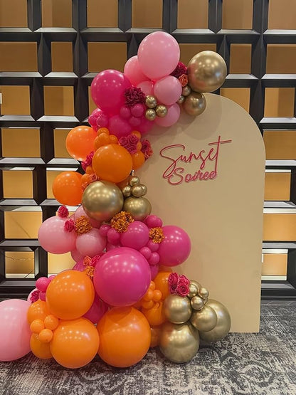 Pink and Orange Balloons Arch Kit, 124pcs Hot Pink Orange Metallic Gold Balloons with 16ft Tape Strip & Dot Glue for Birthday Baby Shower Wedding Party Decorations