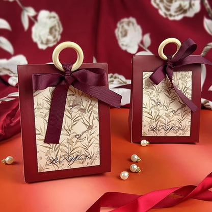 20PCS Mini Gift Bags, Bird & Flower Goodie Bags with Ribbon Handle for Party Favors Treat Boxes Wedding Bridal Baby Shower Birthday Party Presents 3.9"x2.6"x1.4"(Wine Red)