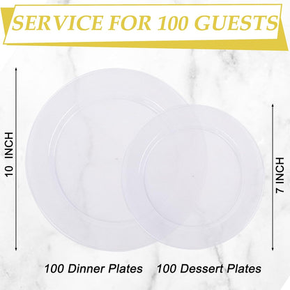 FLOWERCAT 200PCS Clear Plastic Plates Disposable Plates for Party - Heavy Duty Plastic Plates - 100 10"Dinner Plates and 100 7" Salad Plates for Weddings, Easter Parties and Events