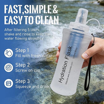 1L Collapsible Water Bottle with Filter for Hiking, Camping & Travel - TPU Soft Flask, 0.1 Micrometer Hollow Fiber Membrane for Clearer, Better Tasting Outdoor Water(White)