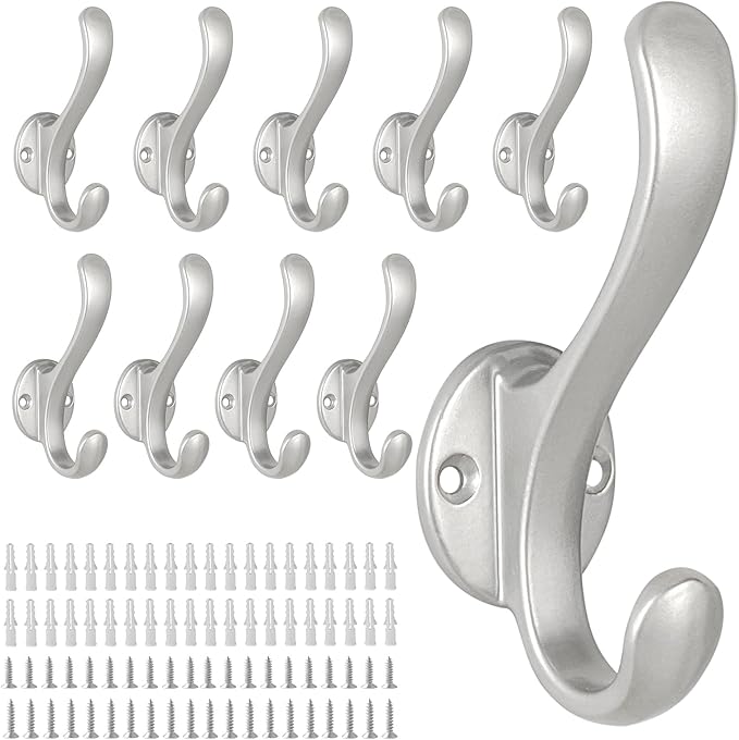 10 Pack Coat Hooks Wall Mount Heavy Duty Utility Retro Double Hooks for Hanging Coats,Hat, Towel, Key, Robe, Scarf, Bag, Cap (Silver)