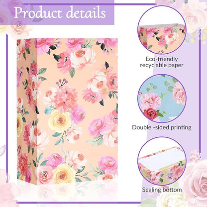 Panelee 24 Pcs Floral Gift Bags Pastel Small Tea Party Favors Flowers Paper Lunch Bag Bulk 8.7x4.7x3 in Goodie Candy Treat Pouches for Wedding Bridal Shower Birthday Mother's Day Decoration