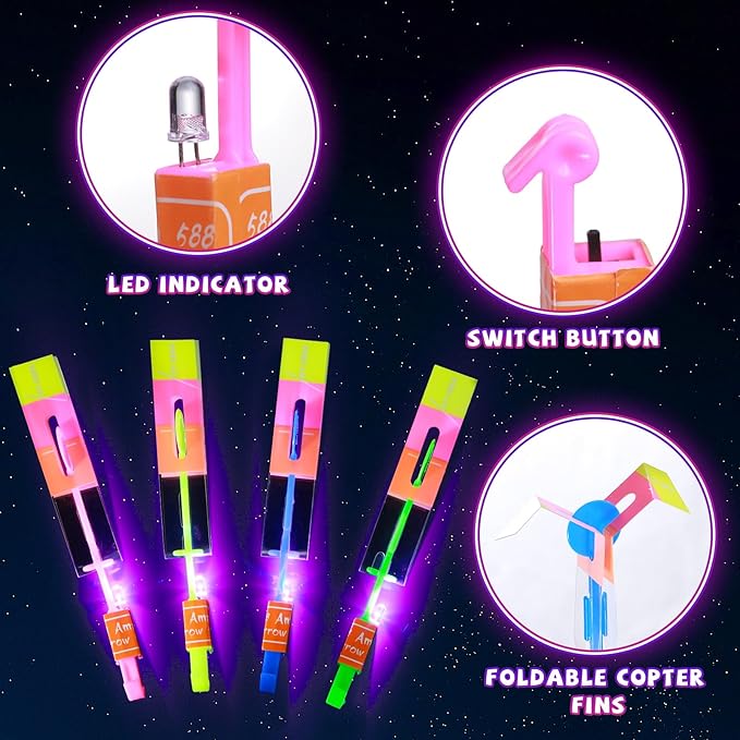 SCIONE 24 Sets LED Flying Set, 24 Slingshot+24 Glow Helicopter-48 Pcs, Flying Toy Outdoor Toys Glow in The Dark Party Supplies Party Favors for Kids 8-12,4-8