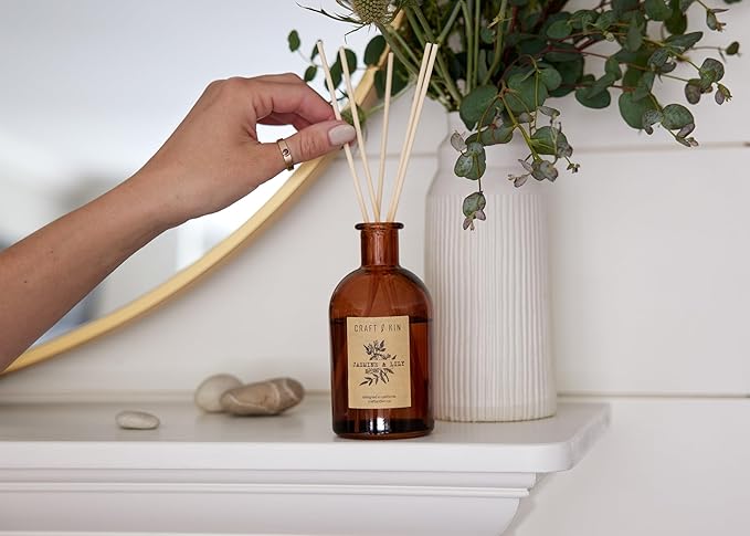 Craft & Kin Lily & Jasmine Diffuser Reed Diffuser | All Natural Essential Oil & 8 Rattan Scent Sticks | Reed Diffusers for Home, Bathroom | Long Lasting Home Fragrance in Amber Glass, 5.75oz
