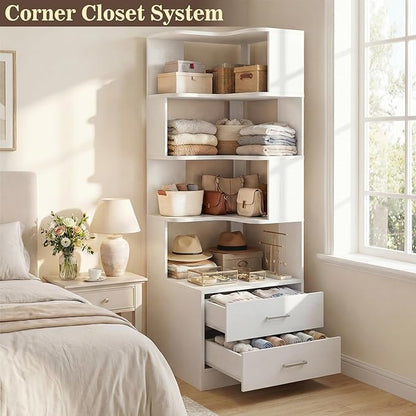 Armocity Corner Bookshelf with Drawers, 7 Tier Corner Book Shelf Display