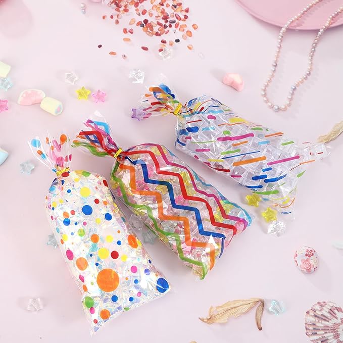 100 Pcs Rainbow Cellophane Bags 5 X 11 Inch Plastic Candy Gift Bag with Twist Ties for Valentine's Day and Birthday Favors Gift Cookie Weddings Packing Party Favor Supplies