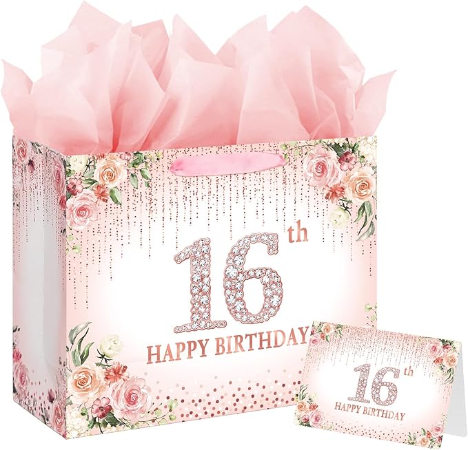 Laidans Sweet 16th Happy Birthday Gift Bag with Tissue Paper and Card for Girls Kids Birthday Party (Rose Gold) (16th)